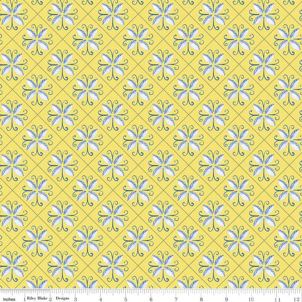 SALE Sunshine and Dewdrops Tile C11971 Yellow - Riley Blake Designs - Geometric Leaf Medallions - Quilting Cotton Fabric