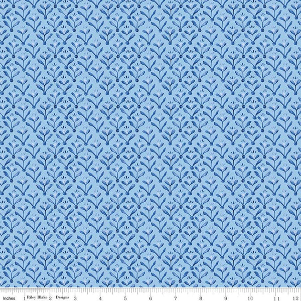 SALE Sunshine and Dewdrops Leaves C11974 Sky - Riley Blake Designs - Leaf Damask-Like Blue - Quilting Cotton Fabric