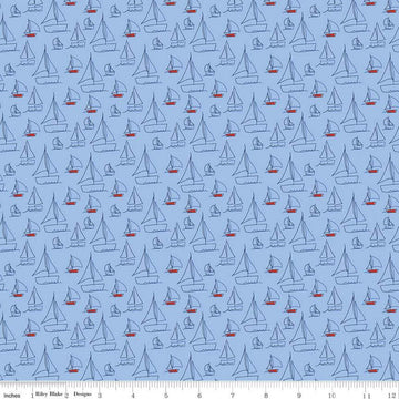 SALE Red White & Bang! Sailboats C11521 Blue - Riley Blake Designs - Patriotic Line-Drawn Boats - Quilting Cotton Fabric
