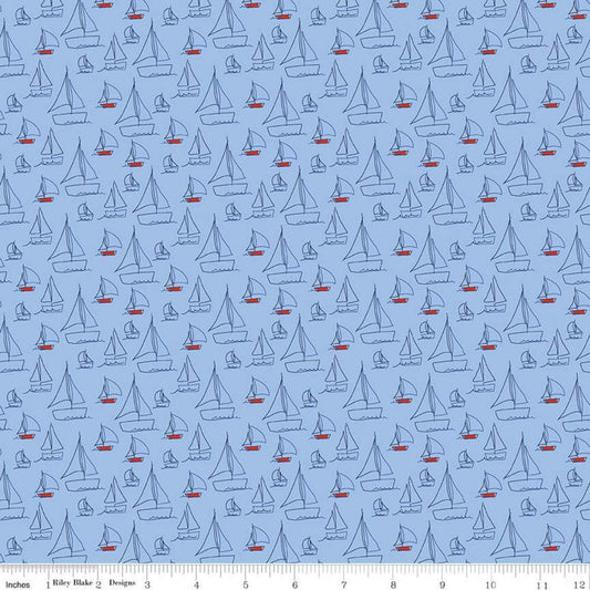 SALE Red White & Bang! Sailboats C11521 Blue - Riley Blake Designs - Patriotic Line-Drawn Boats - Quilting Cotton Fabric