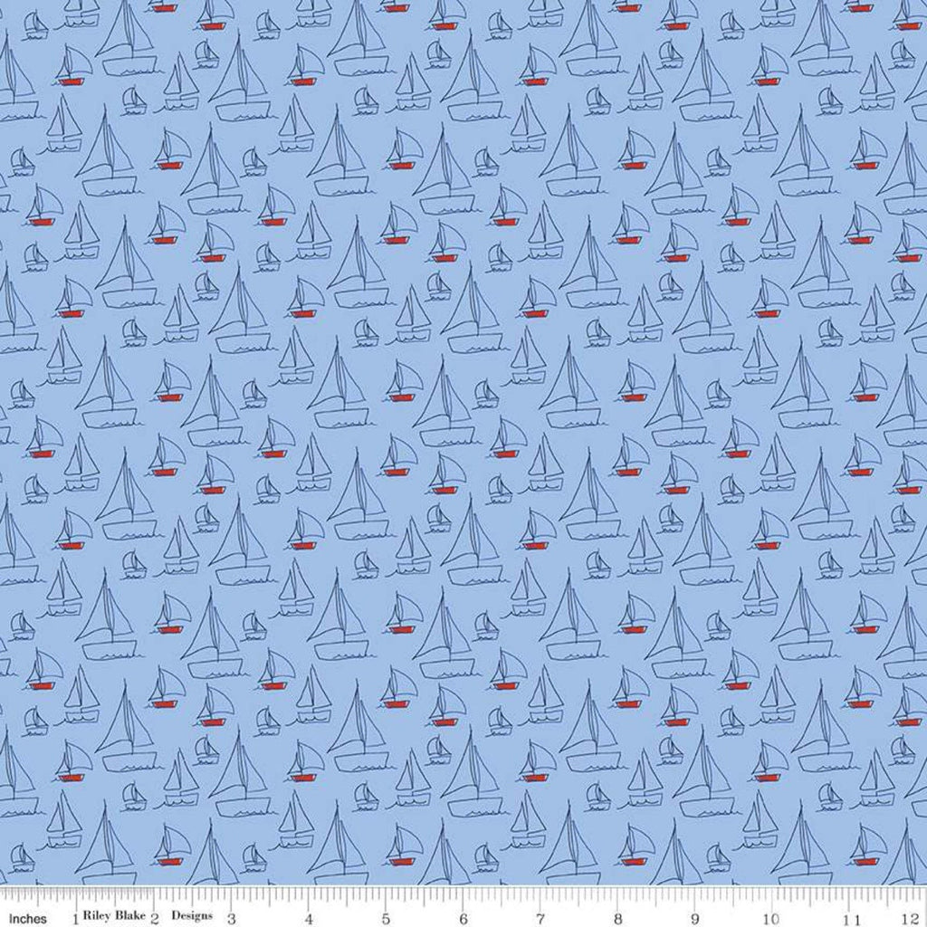 Red White and Bang! Sailboats C11521 Blue - Riley Blake Designs - Patriotic Line-Drawn Boats - Quilting Cotton Fabric