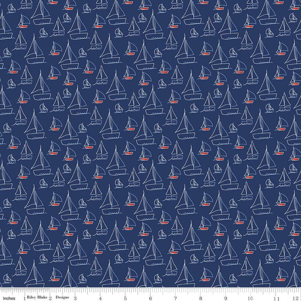Red White and Bang! Sailboats C11521 Navy - Riley Blake Designs - Patriotic Line-Drawn Boats - Quilting Cotton Fabric