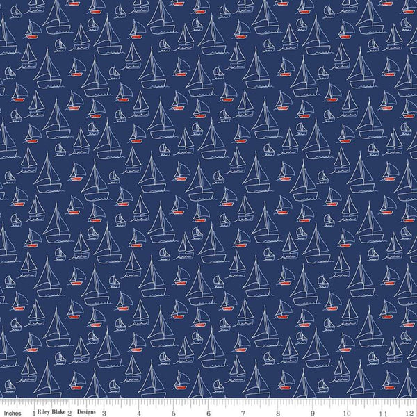 SALE Red White and Bang! Sailboats C11521 Navy - Riley Blake Designs - Patriotic Line-Drawn Boats - Quilting Cotton Fabric