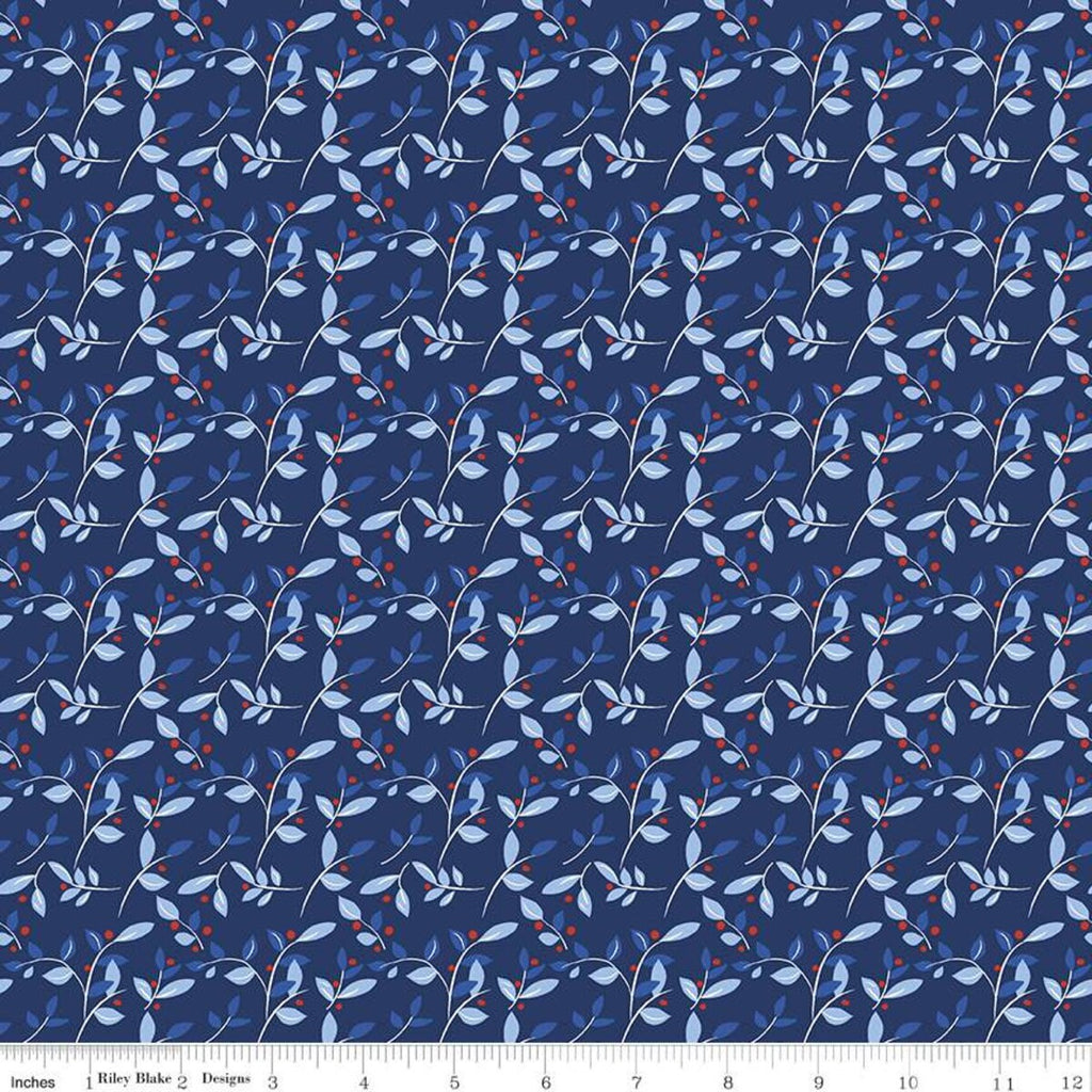 Red White and Bang! Leaves C11527 Navy - Riley Blake Designs - Patriotic Independence Day Leaves Berries Blue - Quilting Cotton Fabric