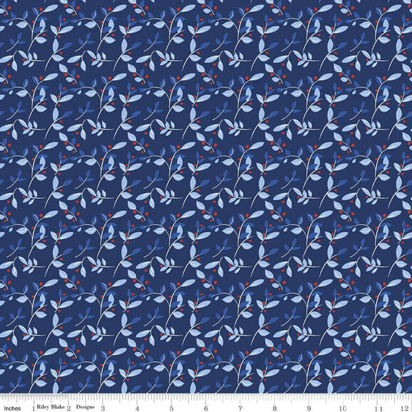 SALE Red White and Bang! Leaves C11527 Navy - Riley Blake Designs - Patriotic Independence Day Leaves Berries Blue - Quilting Cotton Fabric