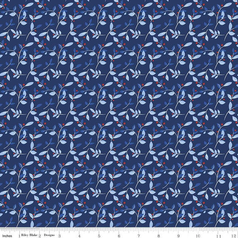 SALE Red White and Bang! Leaves C11527 Navy - Riley Blake Designs - Patriotic Independence Day Leaves Berries Blue - Quilting Cotton Fabric
