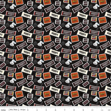 SALE Celebrate with Hershey Candy Toss C11981 Black - Riley Blake - Halloween Spiders Jack-o-Lanterns Chocolate - Quilting Cotton Fabric