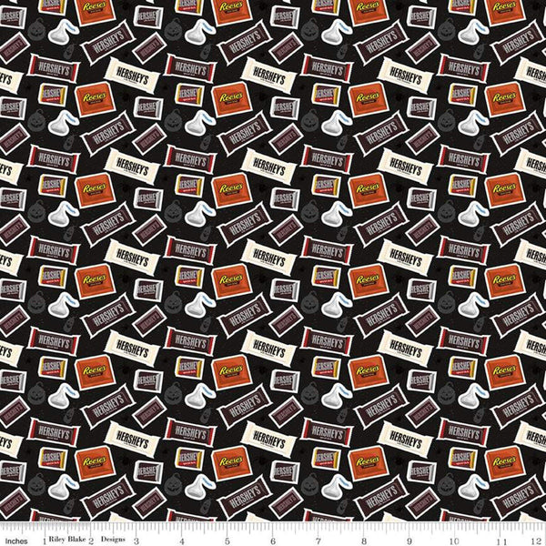 Celebrate with Hershey Candy Toss C11981 Black - Riley Blake - Halloween Spiders Jack-o-Lanterns Chocolate - Quilting Cotton Fabric