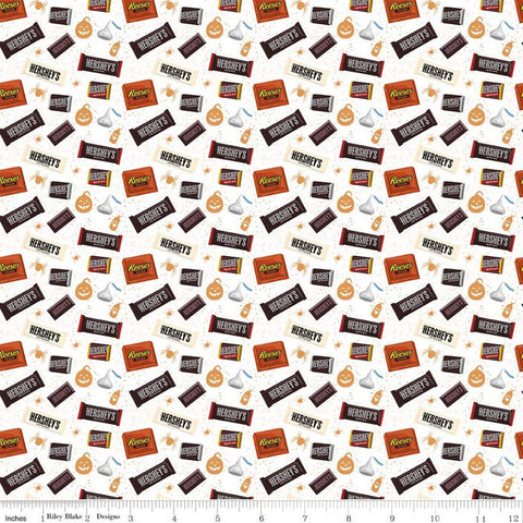 Celebrate with Hershey Candy Toss C11981 White - Riley Blake - Halloween Spiders Jack-o-Lanterns Chocolate - Quilting Cotton Fabric