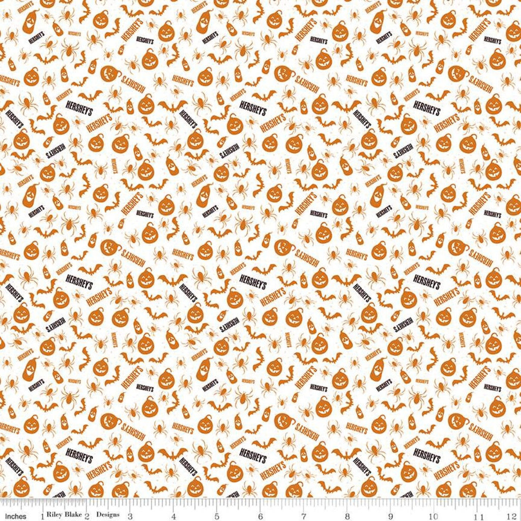 SALE Celebrate with Hershey Pumpkins C11983 White - Riley Blake - Halloween Spiders Bats Jack-o-Lanterns Hershey's - Quilting Cotton Fabric