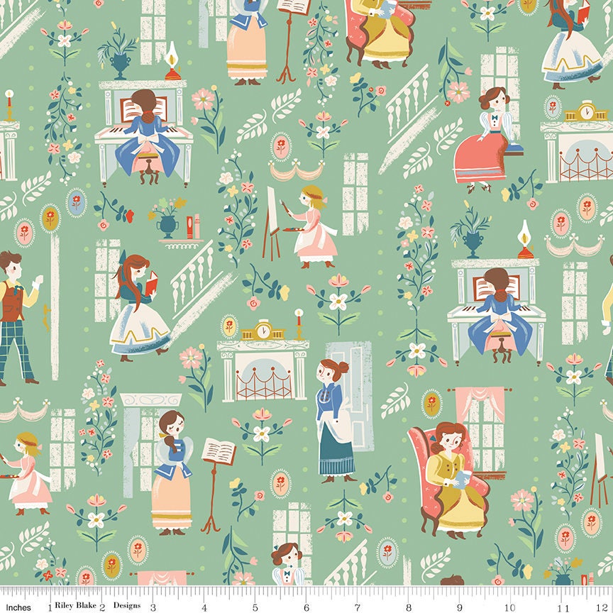 Little Women Main C11870 Green - Riley Blake Designs - Louisa May Alcott Jo Meg Beth Amy Laurie Vignettes - Quilting Cotton Fabric