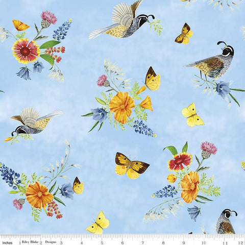 SALE Golden Poppies Main C11800 Blue - Riley Blake Designs - Floral Flowers Birds Quail Butterflies - Quilting Cotton Fabric