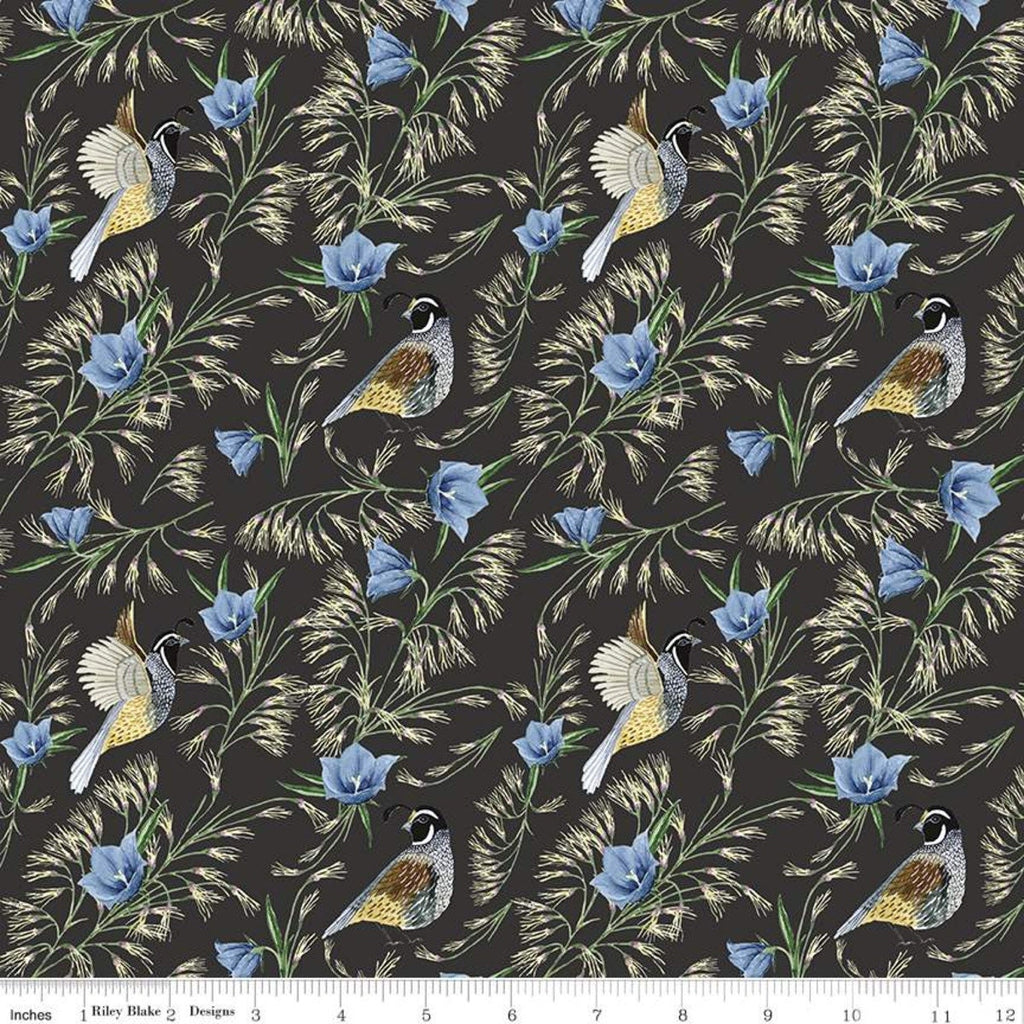 13" end of bolt piece - Golden Poppies Quail C11802 Charcoal - Riley Blake Designs - Birds Flowers Leaves Black - Quilting Cotton Fabric