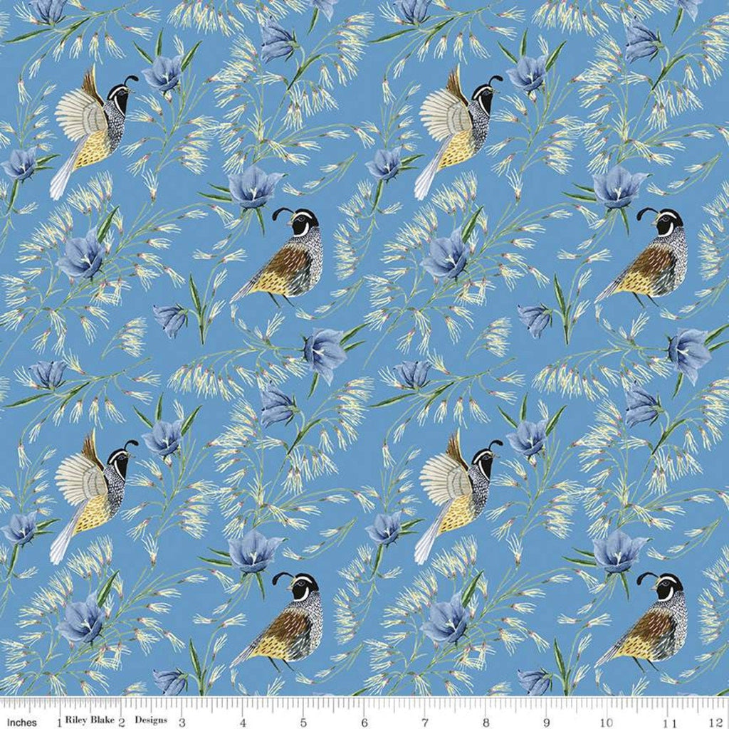 Golden Poppies Quail C11802 Turquoise - Riley Blake Designs - Birds Flowers Leaves Blue - Quilting Cotton Fabric