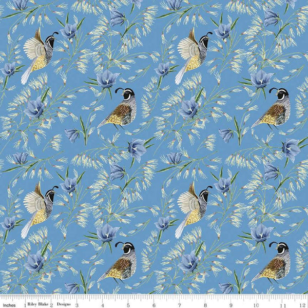 33" End of Bolt - Golden Poppies Quail C11802 Turquoise - Riley Blake Designs - Birds Flowers Leaves Blue - Quilting Cotton Fabric