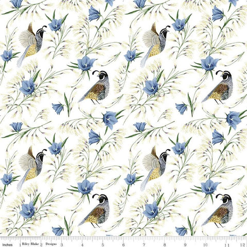 18" End of Bolt - Golden Poppies Quail C11802 White - Riley Blake Designs - Birds Flowers Leaves - Quilting Cotton Fabric
