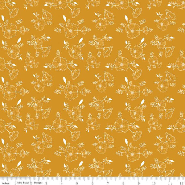 SALE Golden Poppies Tonal C11804 Orange - Riley Blake Designs - Floral Line-Drawn Flowers - Quilting Cotton Fabric