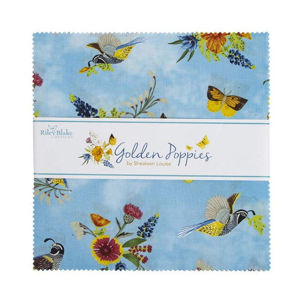 SALE Golden Poppies Layer Cake 10" Stacker Bundle - Riley Blake - 42 piece Precut Pre cut - Flower Bird Butterfly - Quilting Cotton Fabric