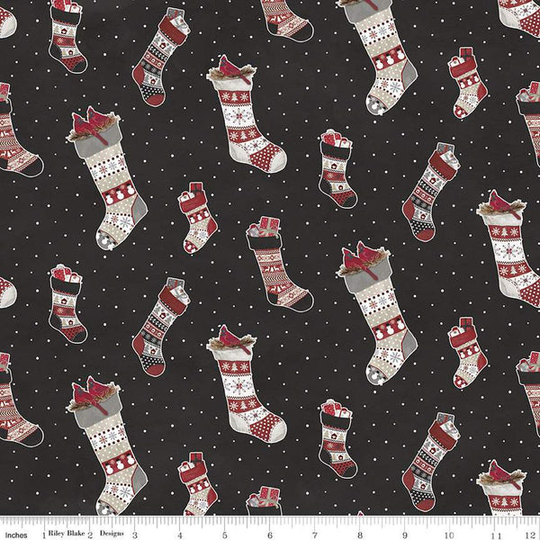 CLEARANCE FLANNEL Hello Winter Stockings F11941 Black - Riley Blake Designs - Christmas Stocking Pin Dot Background - FLANNEL Cotton Fabric