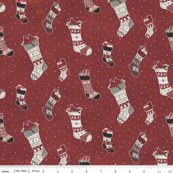 30" End of Bolt - CLEARANCE FLANNEL Hello Winter Stockings F11941 Red - Riley Blake - Christmas Stocking Pin Dot - FLANNEL Cotton Fabric