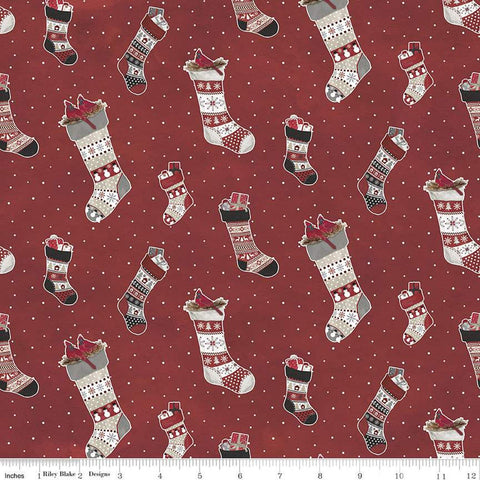 CLEARANCE FLANNEL Hello Winter Stockings F11941 Red - Riley Blake Designs - Christmas Stocking Pin Dot Background - FLANNEL Cotton Fabric