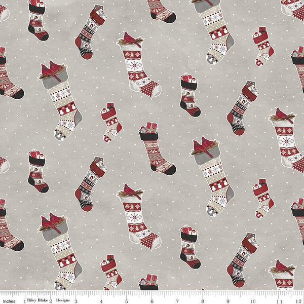 SALE FLANNEL Hello Winter Stockings F11941 Taupe - Riley Blake Designs - Christmas Stocking Pin Dot Background - FLANNEL Cotton Fabric