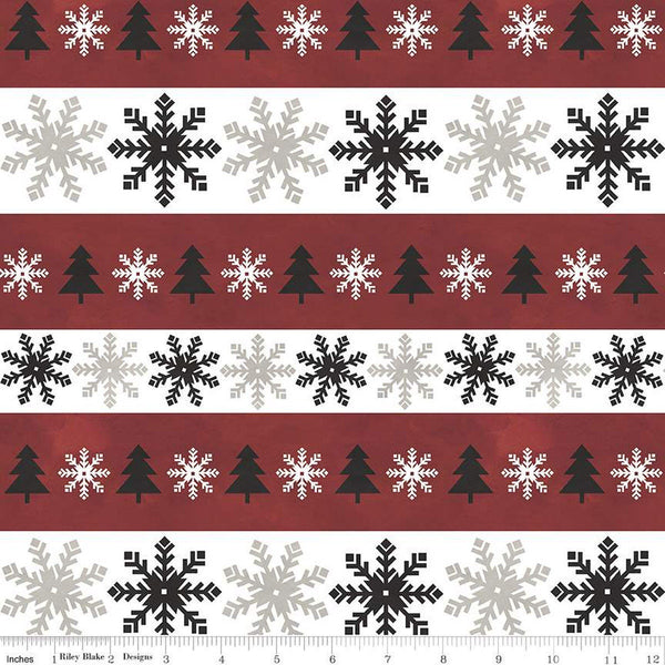 SALE FLANNEL Hello Winter Stripes F11942 Red - Riley Blake Designs - Christmas Stripe Snowflakes Pine Trees - FLANNEL Cotton Fabric