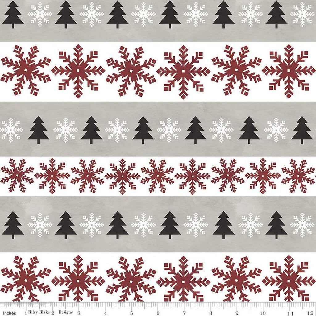 SALE FLANNEL Hello Winter Stripes F11942 Taupe - Riley Blake Designs - Christmas Stripe Snowflakes Pine Trees - FLANNEL Cotton Fabric