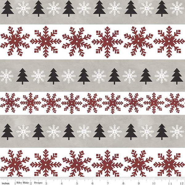 CLEARANCE FLANNEL Hello Winter Stripes F11942 Taupe - Riley Blake Designs - Christmas Stripe Snowflakes Pine Trees - FLANNEL Cotton Fabric