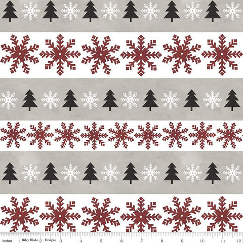 SALE FLANNEL Hello Winter Stripes F11942 Taupe - Riley Blake Designs - Christmas Stripe Snowflakes Pine Trees - FLANNEL Cotton Fabric
