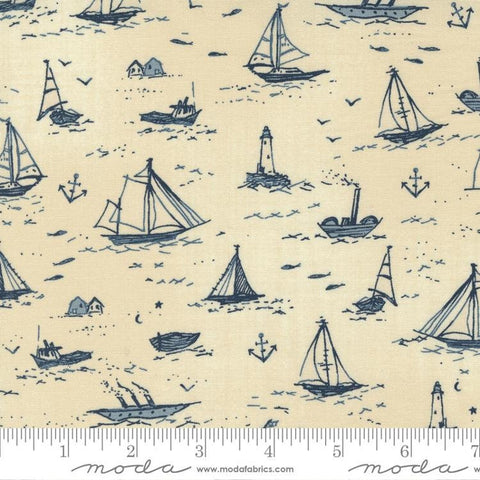 30" End of Bolt - SALE To the Sea Boats 16930 Pearl - Moda Fabrics - Sailboats Lighthouses Sailing Anchors Natural - Quilting Cotton Fabric