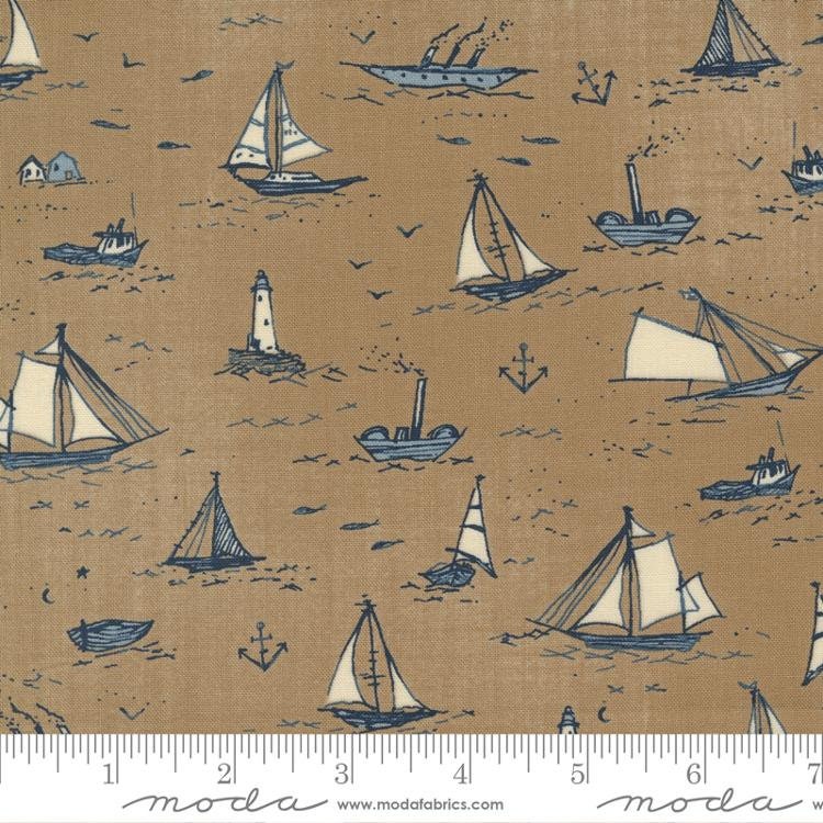 To the Sea Boats 16930 Sand - Moda Fabrics - Sailboats Lighthouses Boating Sailing Anchors Tan - Quilting Cotton Fabric