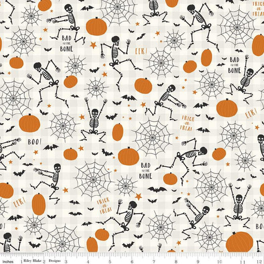 DEAL Bad to the Bone Main C11920 Off White - Riley Blake Designs - Halloween Skeletons Pumpkins Bats on Gingham - Quilting Cotton Fabric
