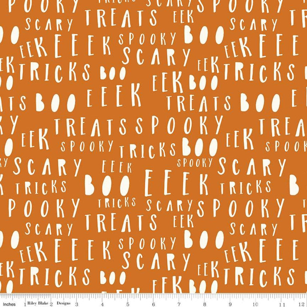 Fat Quarter End of Bolt - CLEARANCE Bad to the Bone Words C11924 Orange - Riley Blake - Halloween Off White Text - Quilting Cotton Fabric
