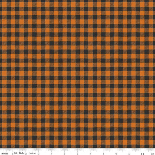 Bad to the Bone PRINTED Gingham C11925 Black/Orange - Riley Blake Designs - Halloween Checkered Checks - Quilting Cotton Fabric