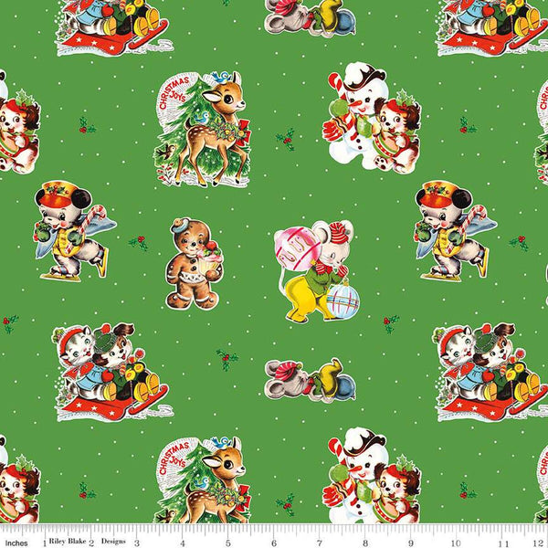 SALE Christmas Joys Main C12250 Green - Riley Blake Designs - Vintage Animals Snowmen Gingerbread Men  - Quilting Cotton Fabric