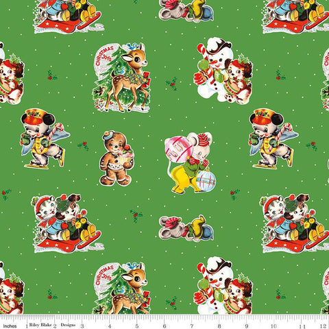 Christmas Joys Main C12250 Green - Riley Blake Designs - Vintage Animals Snowmen Gingerbread Men  - Quilting Cotton Fabric
