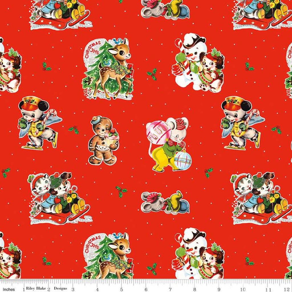 CLEARANCE Christmas Joys Main C12250 Red - Riley Blake - Vintage Animals Snowmen Gingerbread Men  - Quilting Cotton Fabric