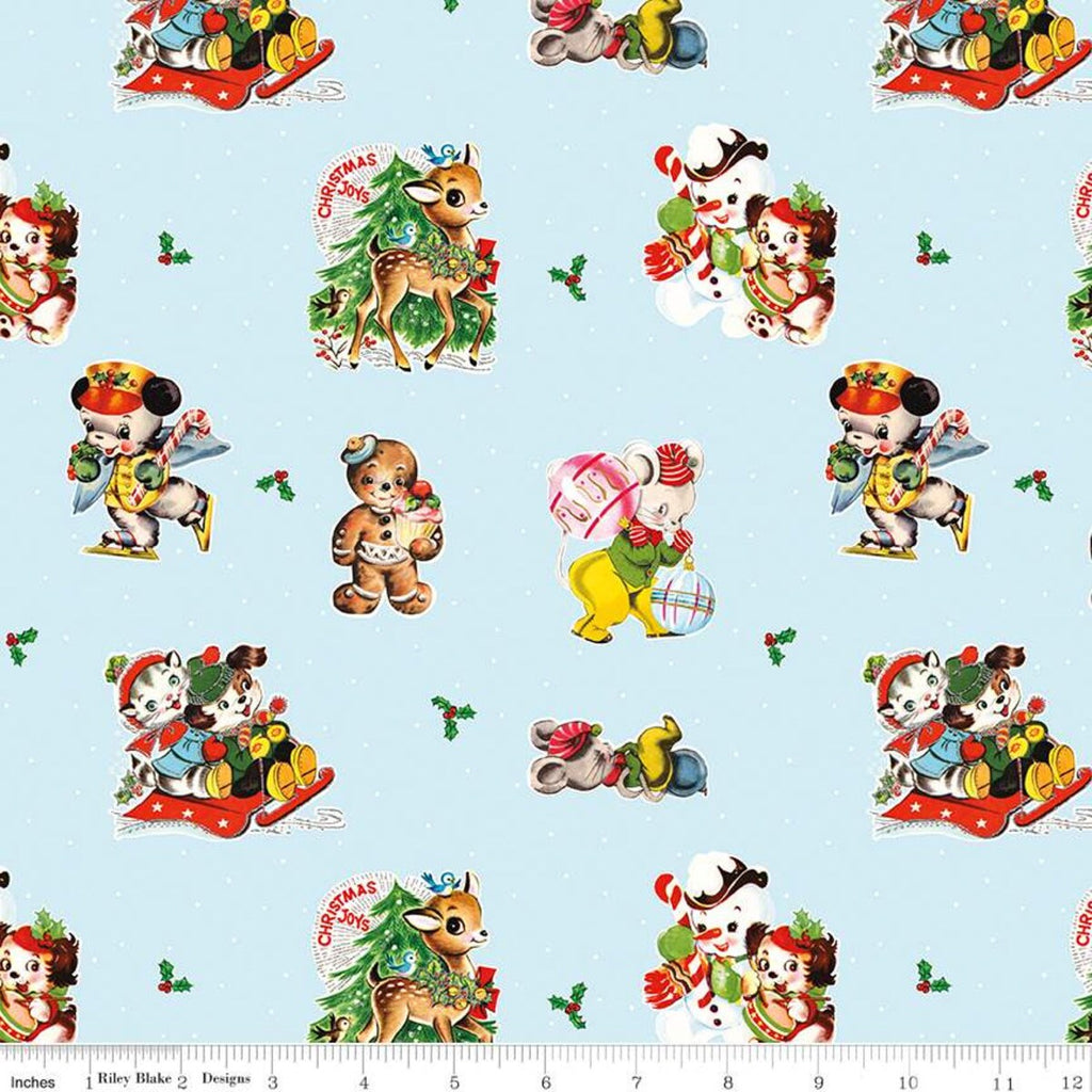 Christmas Joys Main C12250 Sky - Riley Blake Designs - Vignettes Animals Snowmen Gingerbread Men Blue  - Quilting Cotton Fabric