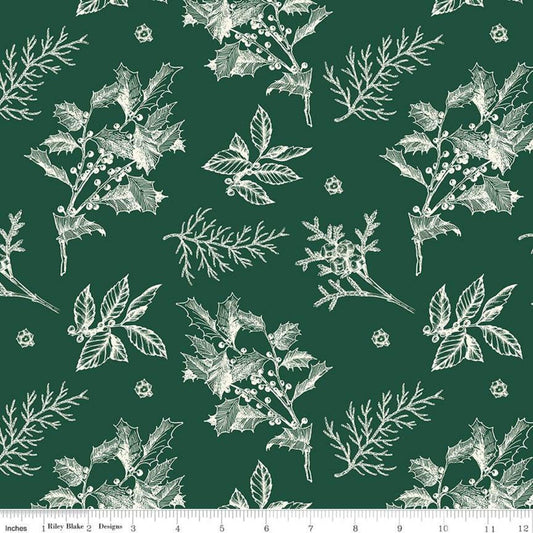 Old Fashioned Christmas Sprigs C12132 Forest - Riley Blake Designs - Leaves Berries Holly Cream on Green - Quilting Cotton Fabric
