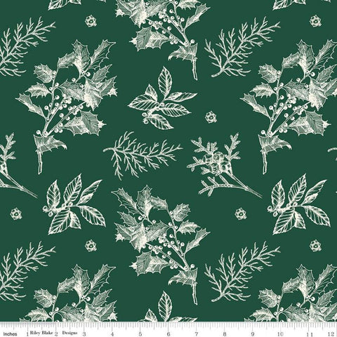 Old Fashioned Christmas Sprigs C12132 Forest - Riley Blake Designs - Leaves Berries Holly Cream on Green - Quilting Cotton Fabric