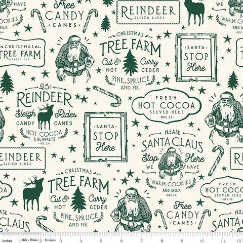 Old Fashioned Christmas Icons C12133 Cream - Riley Blake Designs - Santa Trees Candy Canes Reindeer Text - Quilting Cotton Fabric