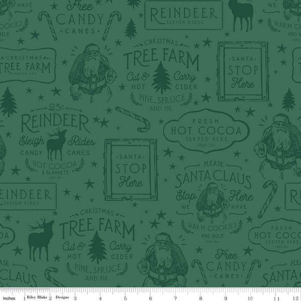 31" End of Bolt - Old Fashioned Christmas Icons C12133 Alpine - Riley Blake - Santa Trees Candy Canes Reindeer Green  Quilting Cotton Fabric