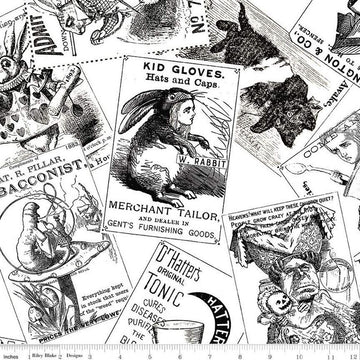 SALE Mad Masquerade Card Toss CD11957 White - Riley Blake - Alice in Wonderland Halloween Trading Cards DIGITALLY PRINTED - Quilting Cotton