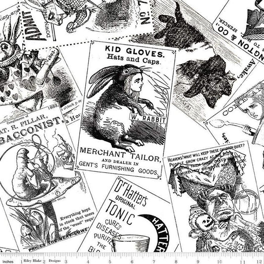 DEAL Mad Masquerade Card Toss CD11957 White - Riley Blake - Alice in Wonderland Halloween Trading Cards DIGITALLY PRINTED - Quilting Cotton