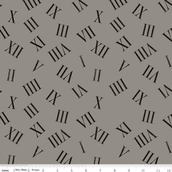 SALE Mad Masquerade Roaming Numerals C11960 Gray - Riley Blake - Halloween Alice in Wonderland Roman Numerals - Quilting Cotton Fabric