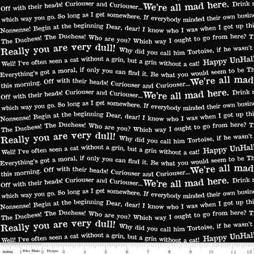 Mad Masquerade Wavy Words C11963 Black - Riley Blake Designs - Halloween Alice in Wonderland White Text - Quilting Cotton Fabric