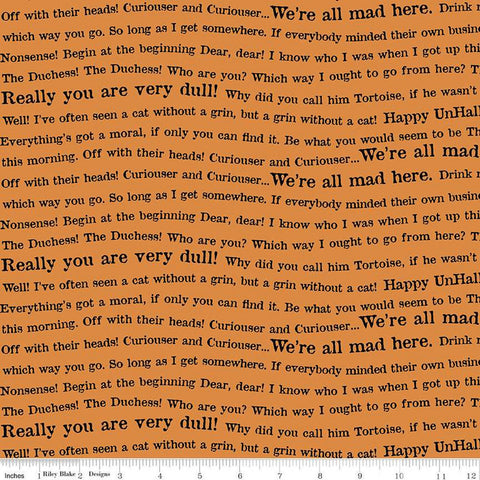 SALE Mad Masquerade Wavy Words C11963 Orange - Riley Blake Designs - Halloween Alice in Wonderland Text - Quilting Cotton Fabric