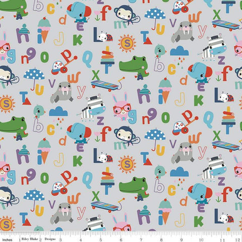 SALE Let's Play Alphabet C11882 Gray - Riley Blake Designs - Fisher-Price Animals Toys Letters Children's - Quilting Cotton Fabric