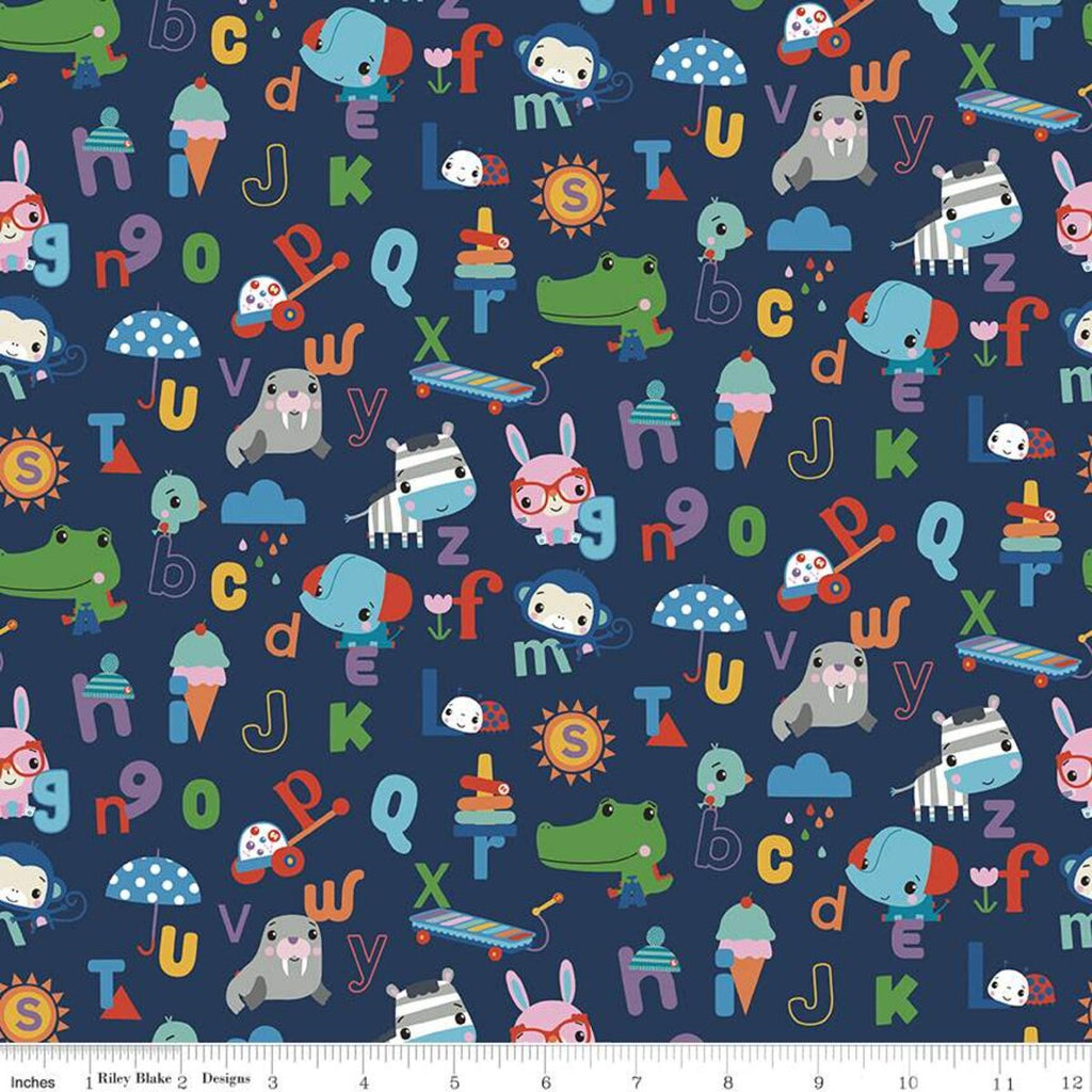 Let's Play Alphabet C11882 Navy - Riley Blake Designs - Fisher-Price Animals Toys Letters Children's Blue - Quilting Cotton Fabric